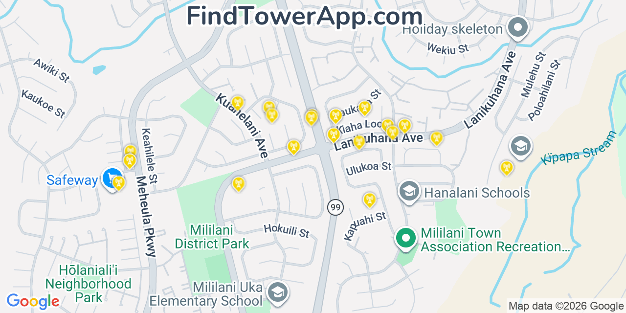 Map showing the 20 primary cell tower locations detected in Mililani Town, Hawaii from AT&T, Verizon, and T-Mobile networks