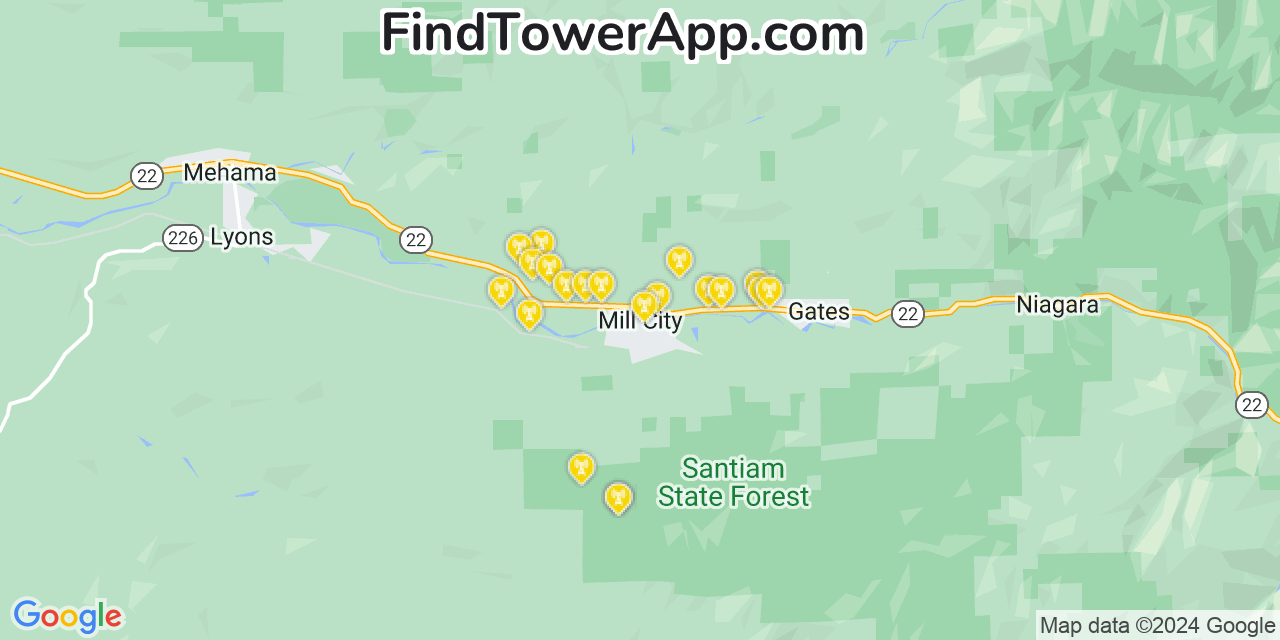 AT&T 4G/5G cell tower coverage map Mill City, Oregon