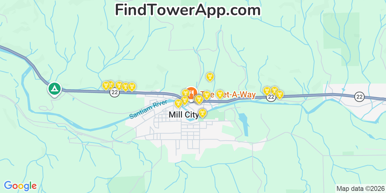 Map showing the 20 primary cell tower locations detected in Mill City, Oregon from AT&T, Verizon, and T-Mobile networks
