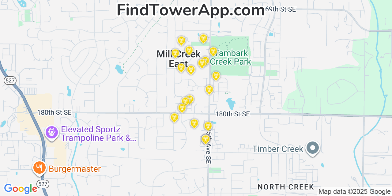 Map showing the 20 primary cell tower locations detected in Mill Creek East, Washington from AT&T, Verizon, and T-Mobile networks