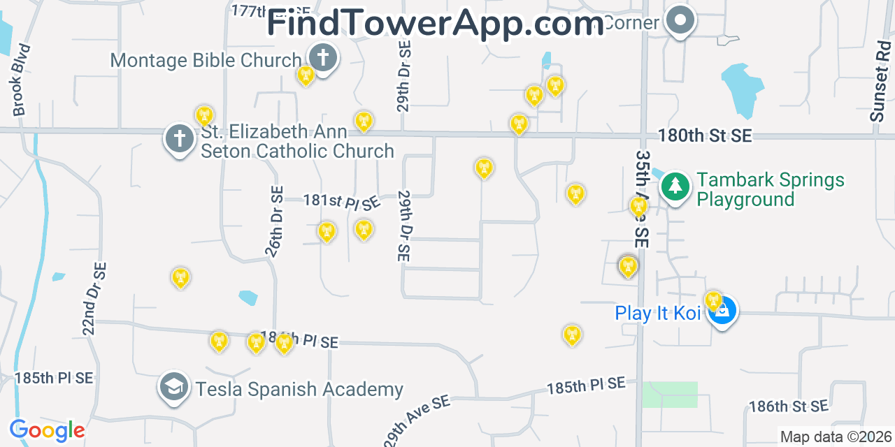 Map showing the 20 primary cell tower locations detected in Mill Creek East, Washington from AT&T, Verizon, and T-Mobile networks
