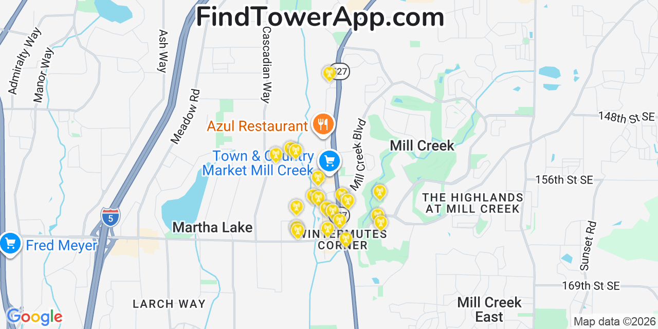 Map showing the 20 primary cell tower locations detected in Mill Creek, Washington from AT&T, Verizon, and T-Mobile networks