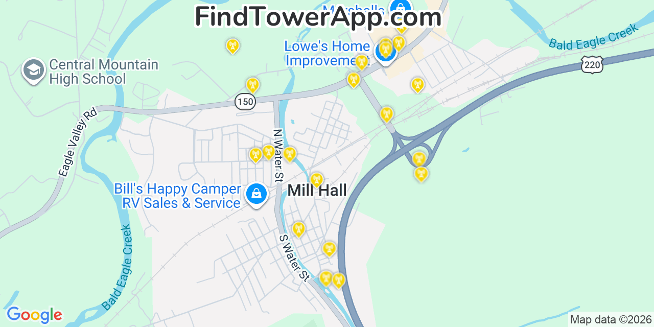 Map showing the 20 primary cell tower locations detected in Mill Hall, Pennsylvania from AT&T, Verizon, and T-Mobile networks