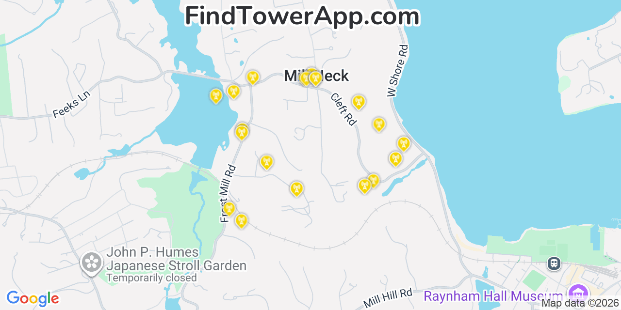 Map showing the 20 primary cell tower locations detected in Mill Neck, New York from AT&T, Verizon, and T-Mobile networks