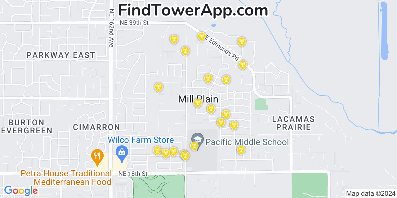 AT&T 4G/5G cell tower coverage map Mill Plain, Washington