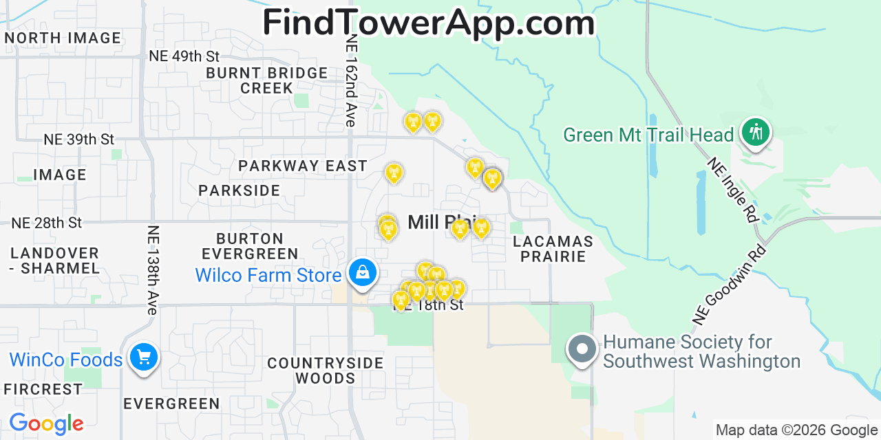 Map showing the 20 primary cell tower locations detected in Mill Plain, Washington from AT&T, Verizon, and T-Mobile networks