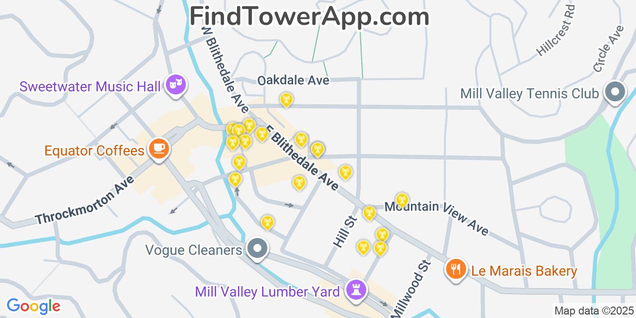 Map showing the 20 primary cell tower locations detected in Mill Valley, California from AT&T, Verizon, and T-Mobile networks