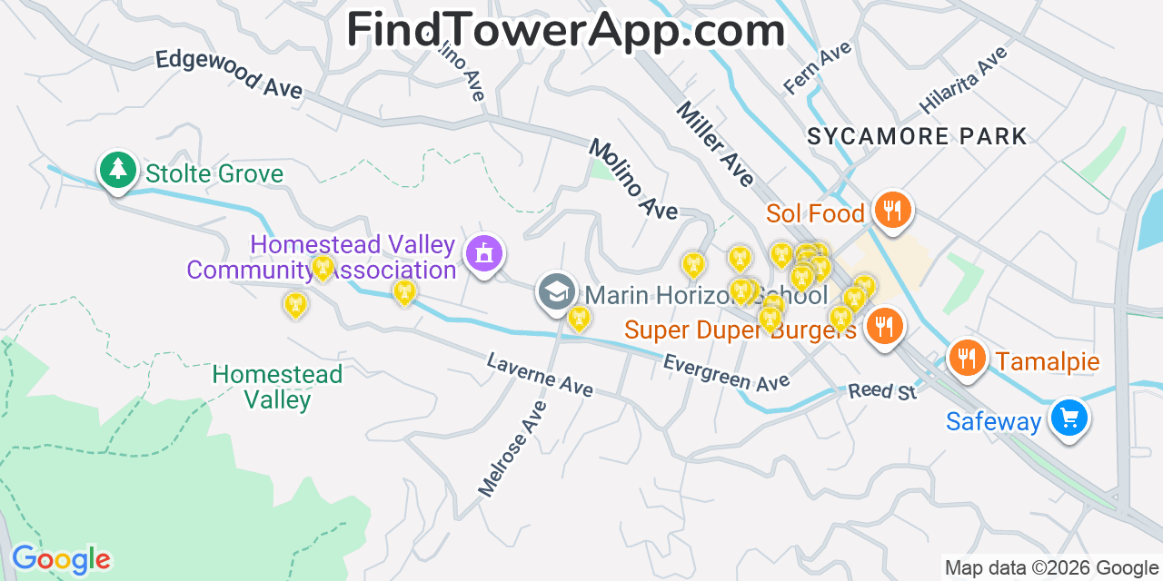 Map showing the 20 primary cell tower locations detected in Mill Valley, California from AT&T, Verizon, and T-Mobile networks