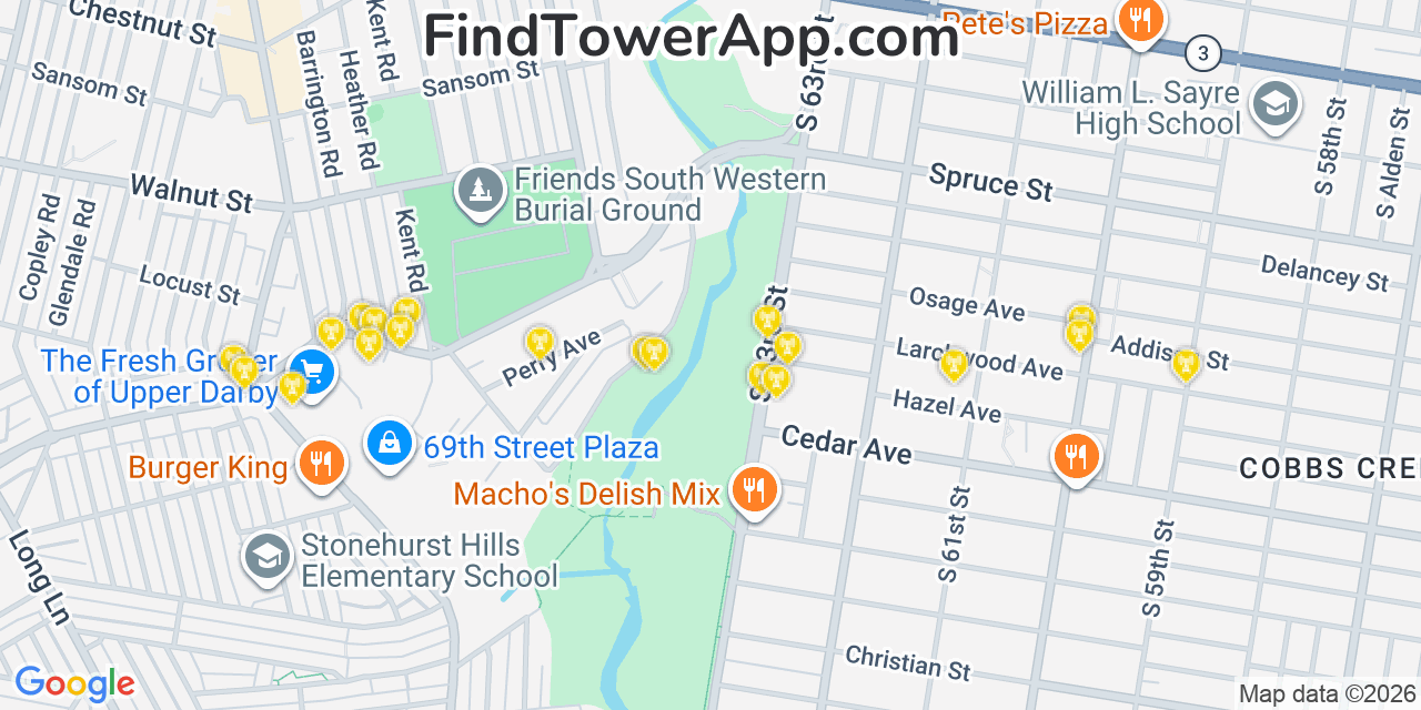 Map showing the 20 primary cell tower locations detected in Millbourne, Pennsylvania from AT&T, Verizon, and T-Mobile networks