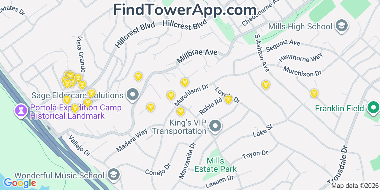Map showing the 20 primary cell tower locations detected in Millbrae, California from AT&T, Verizon, and T-Mobile networks