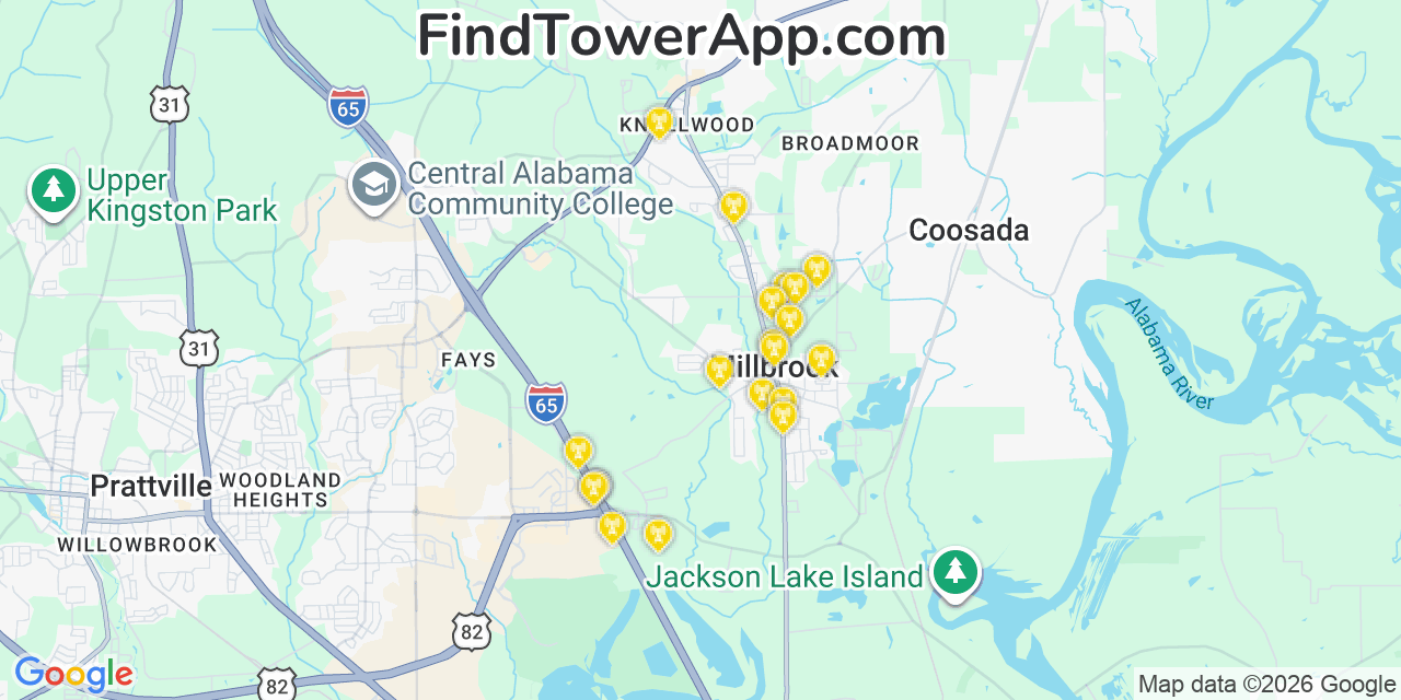 Map showing the 20 primary cell tower locations detected in Millbrook, Alabama from AT&T, Verizon, and T-Mobile networks