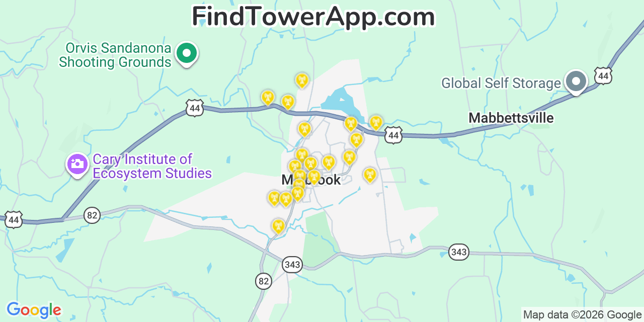 Map showing the 20 primary cell tower locations detected in Millbrook, New York from AT&T, Verizon, and T-Mobile networks