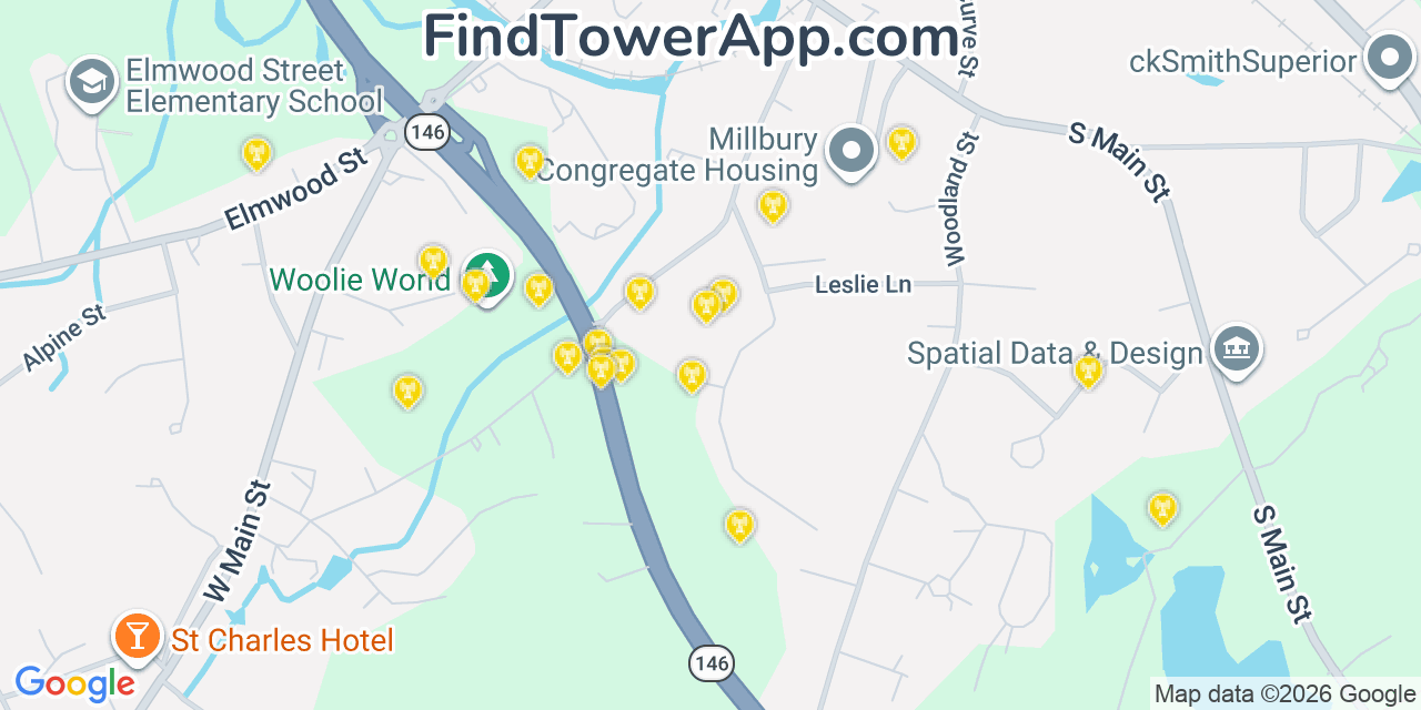 Map showing the 20 primary cell tower locations detected in Millbury, Massachusetts from AT&T, Verizon, and T-Mobile networks