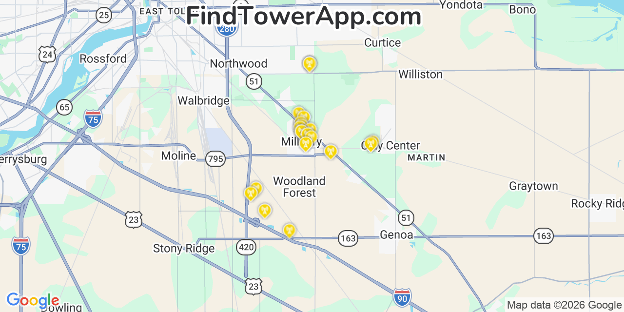 Map showing the 20 primary cell tower locations detected in Millbury, Ohio from AT&T, Verizon, and T-Mobile networks