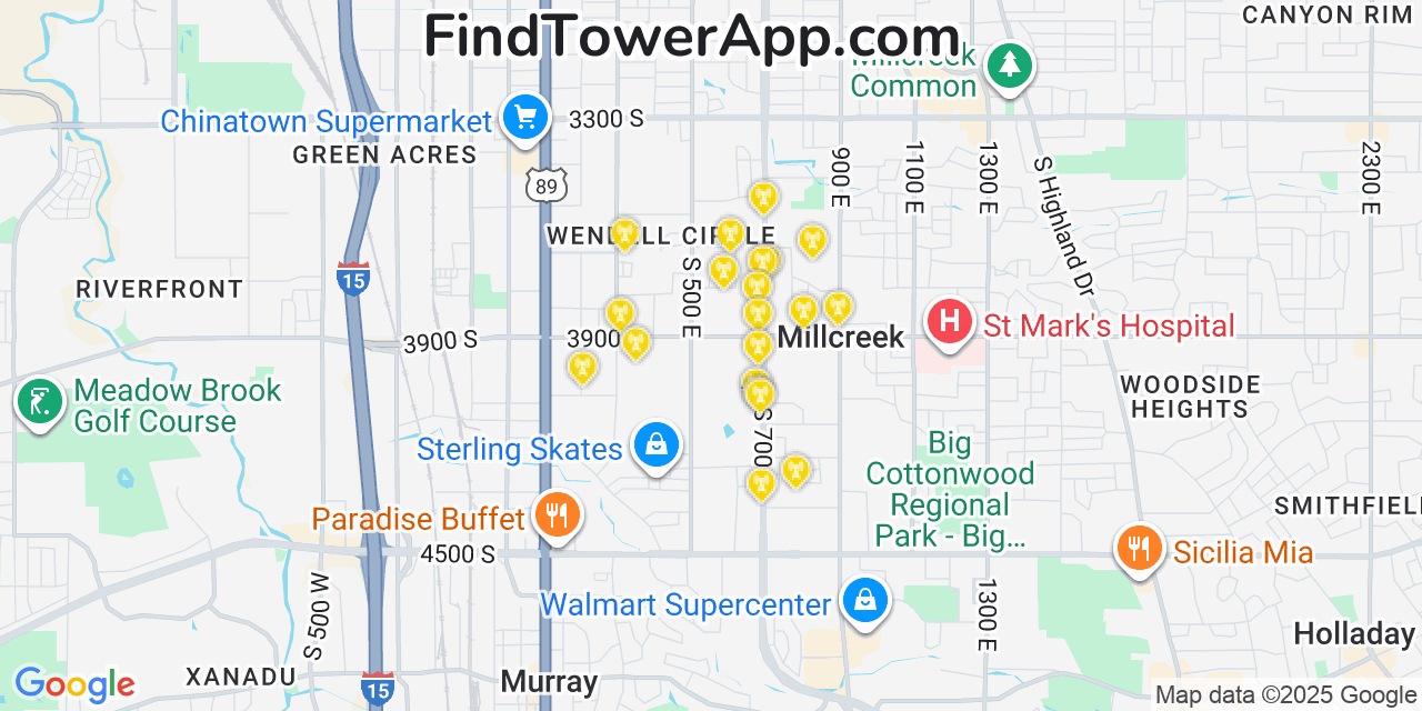 Map showing the 20 primary cell tower locations detected in Millcreek, Utah from AT&T, Verizon, and T-Mobile networks