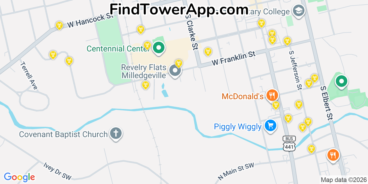 Map showing the 20 primary cell tower locations detected in Milledgeville, Georgia from AT&T, Verizon, and T-Mobile networks