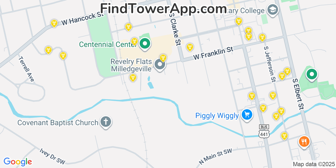 Map showing the 20 primary Mobitel cell tower locations detected in Milledgeville, Georgia with coverage radius and signal strength indicators