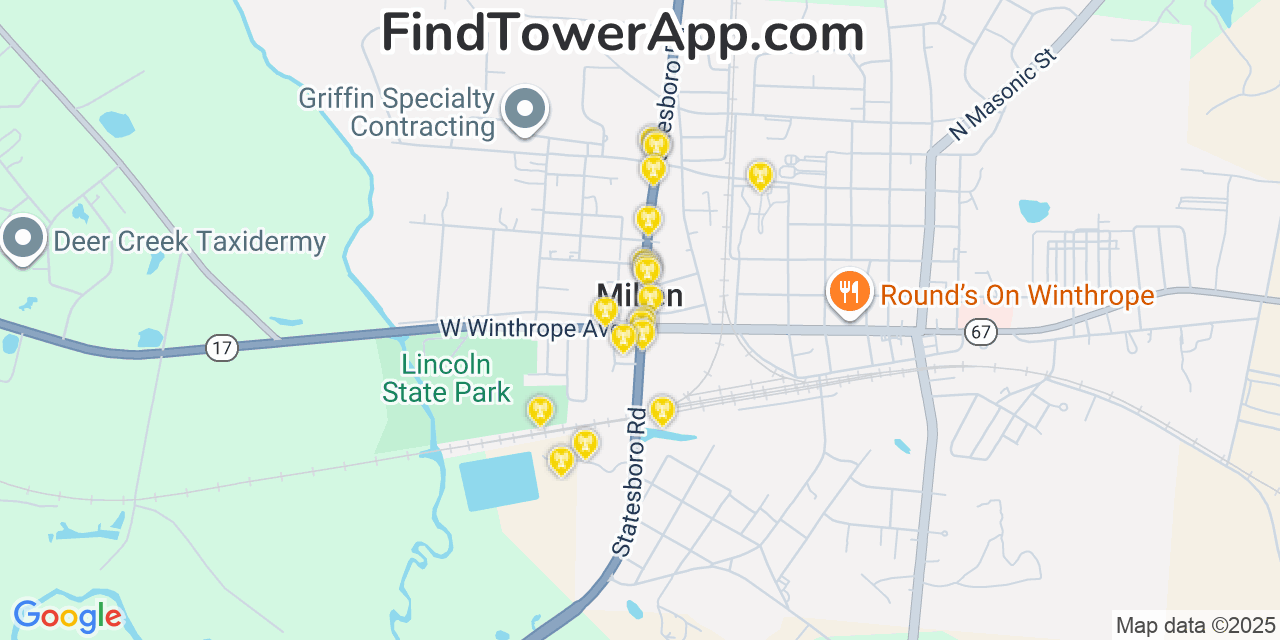 Map showing the 20 primary cell tower locations detected in Millen, Georgia from AT&T, Verizon, and T-Mobile networks