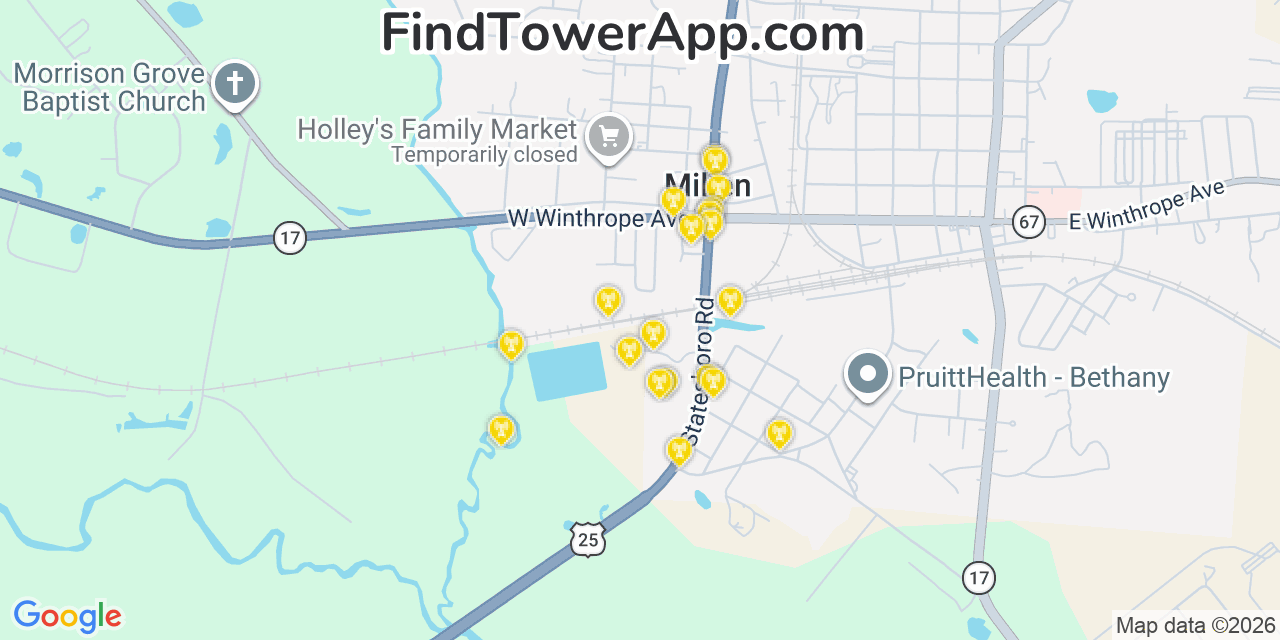 Map showing the 20 primary cell tower locations detected in Millen, Georgia from AT&T, Verizon, and T-Mobile networks