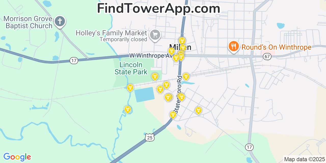 Map showing the 20 primary Mobitel cell tower locations detected in Millen, Georgia with coverage radius and signal strength indicators