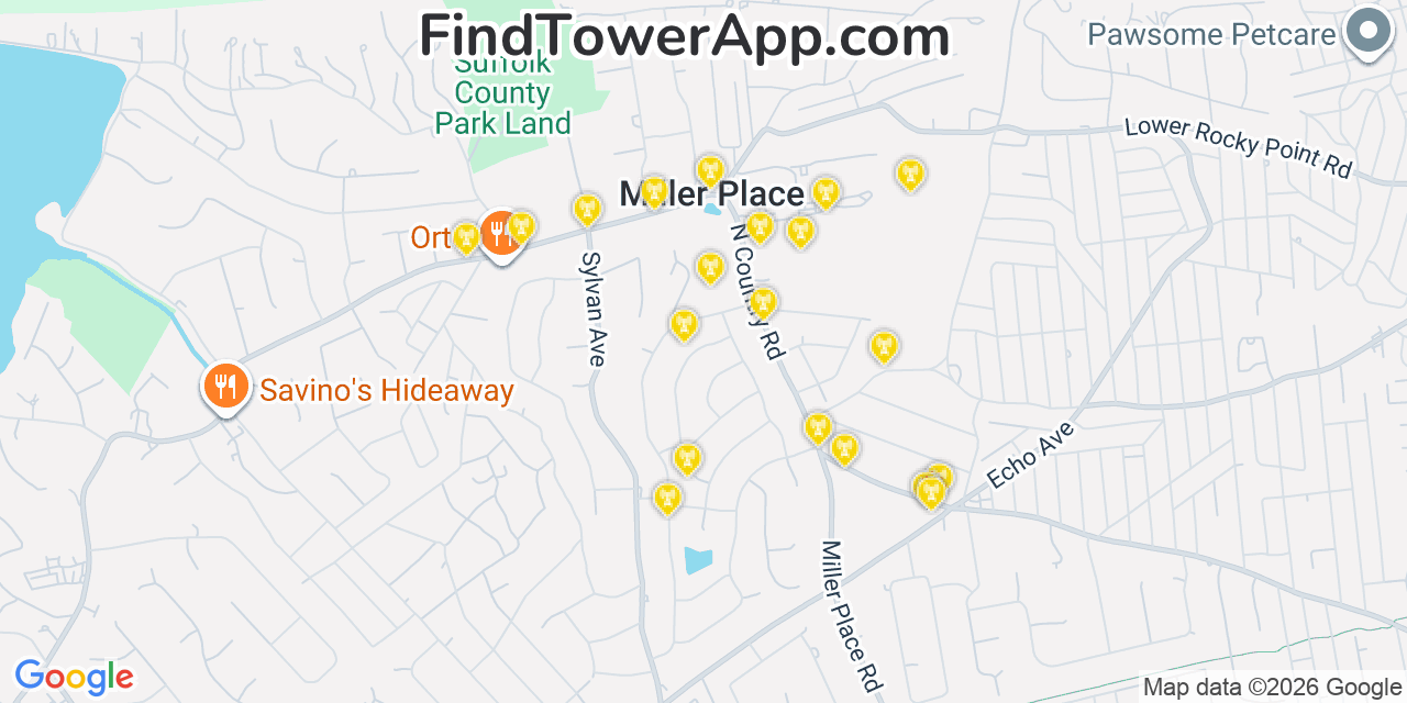 Map showing the 20 primary cell tower locations detected in Miller Place, New York from AT&T, Verizon, and T-Mobile networks
