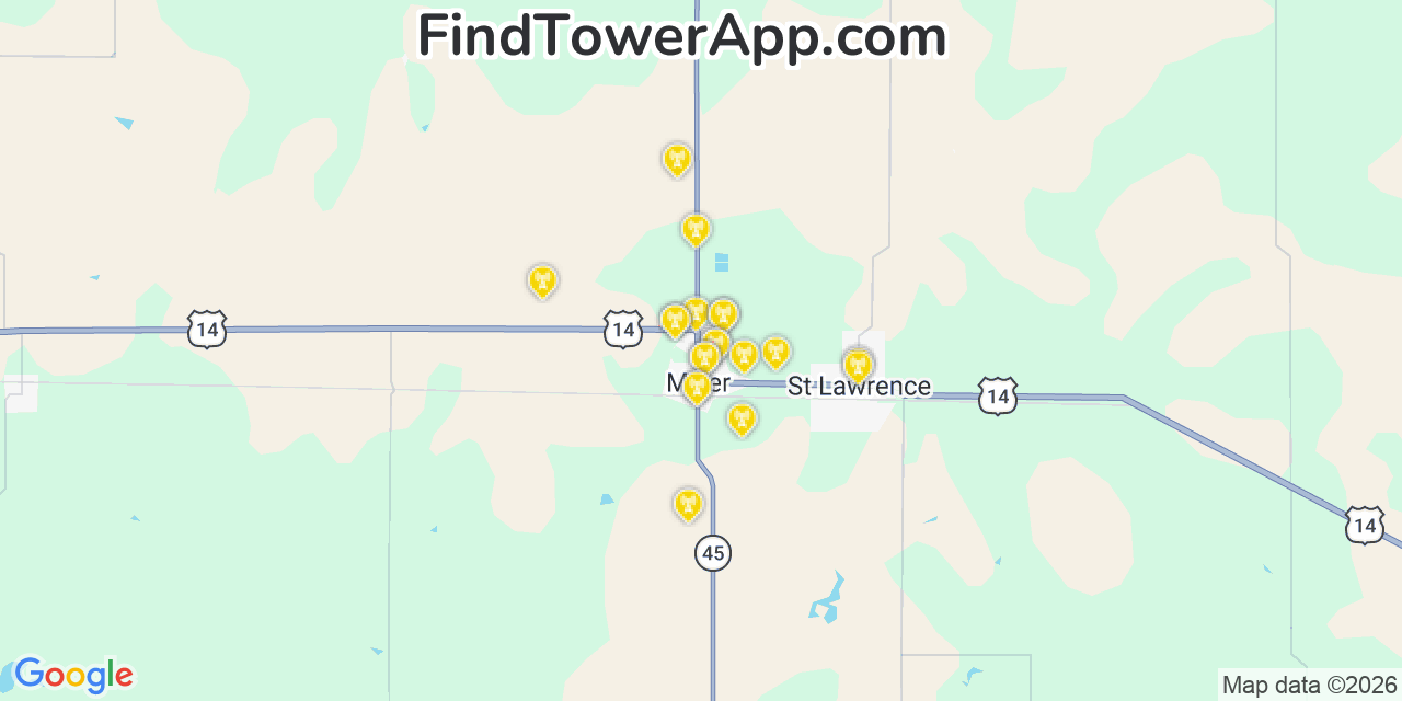Map showing the 20 primary cell tower locations detected in Miller, South Dakota from AT&T, Verizon, and T-Mobile networks