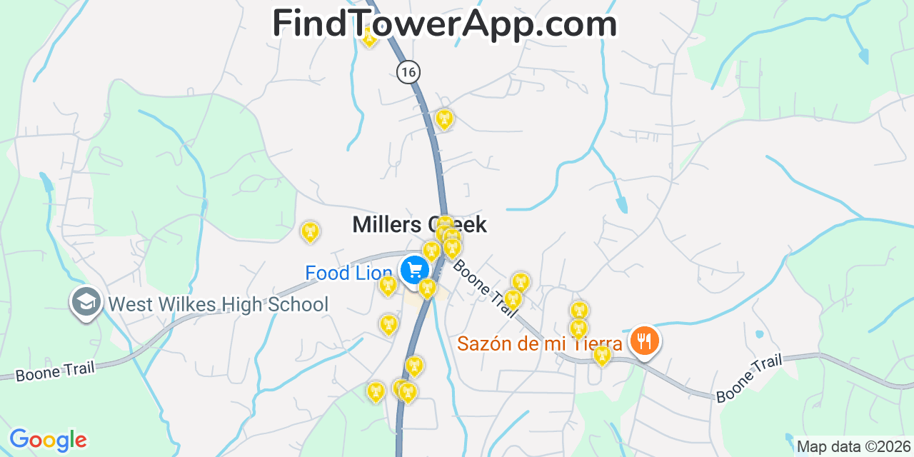 Map showing the 20 primary cell tower locations detected in Millers Creek, North Carolina from AT&T, Verizon, and T-Mobile networks