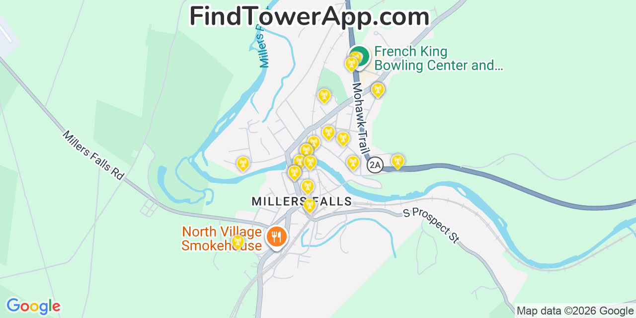 Map showing the 20 primary cell tower locations detected in Millers Falls, Massachusetts from AT&T, Verizon, and T-Mobile networks