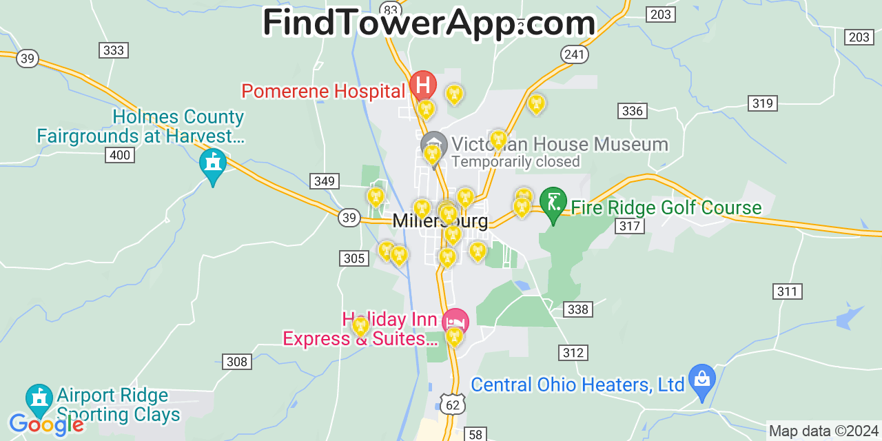 AT&T 4G/5G cell tower coverage map Millersburg, Ohio