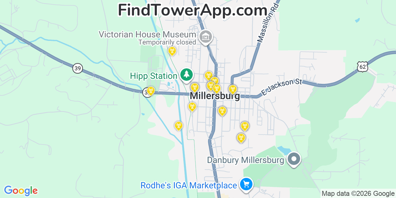 Map showing the 20 primary cell tower locations detected in Millersburg, Ohio from AT&T, Verizon, and T-Mobile networks