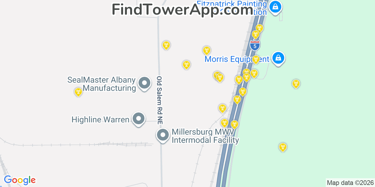 Map showing the 20 primary cell tower locations detected in Millersburg, Oregon from AT&T, Verizon, and T-Mobile networks
