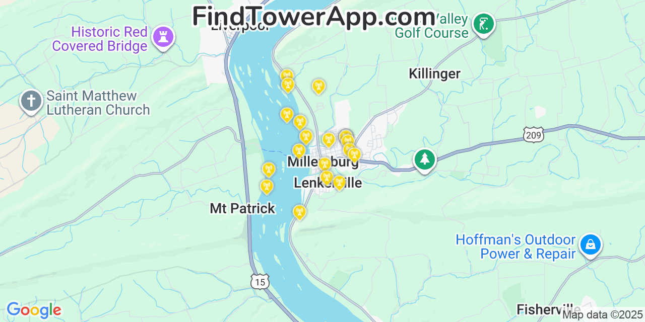 Map showing the 20 primary cell tower locations detected in Millersburg, Pennsylvania from AT&T, Verizon, and T-Mobile networks