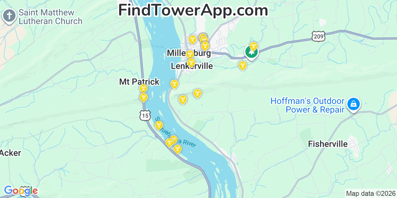 Map showing the 20 primary cell tower locations detected in Millersburg, Pennsylvania from AT&T, Verizon, and T-Mobile networks