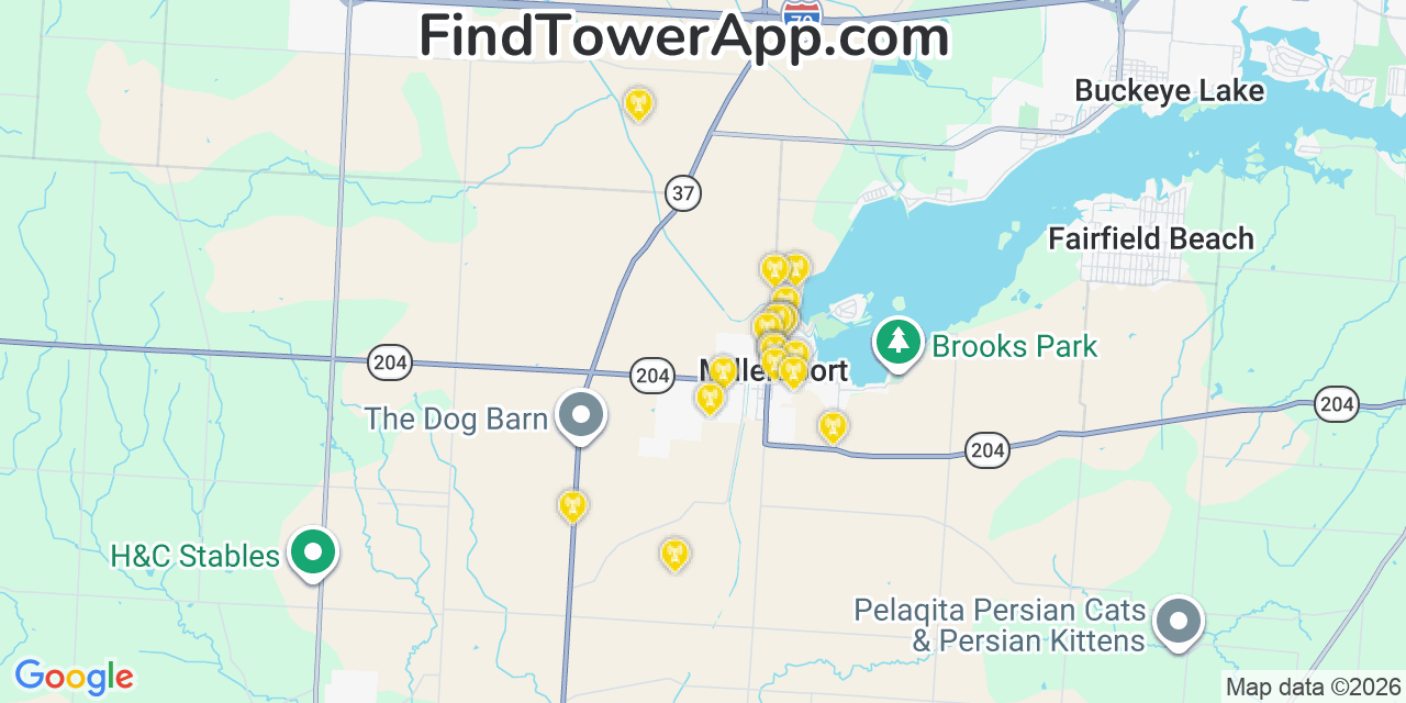Map showing the 20 primary cell tower locations detected in Millersport, Ohio from AT&T, Verizon, and T-Mobile networks