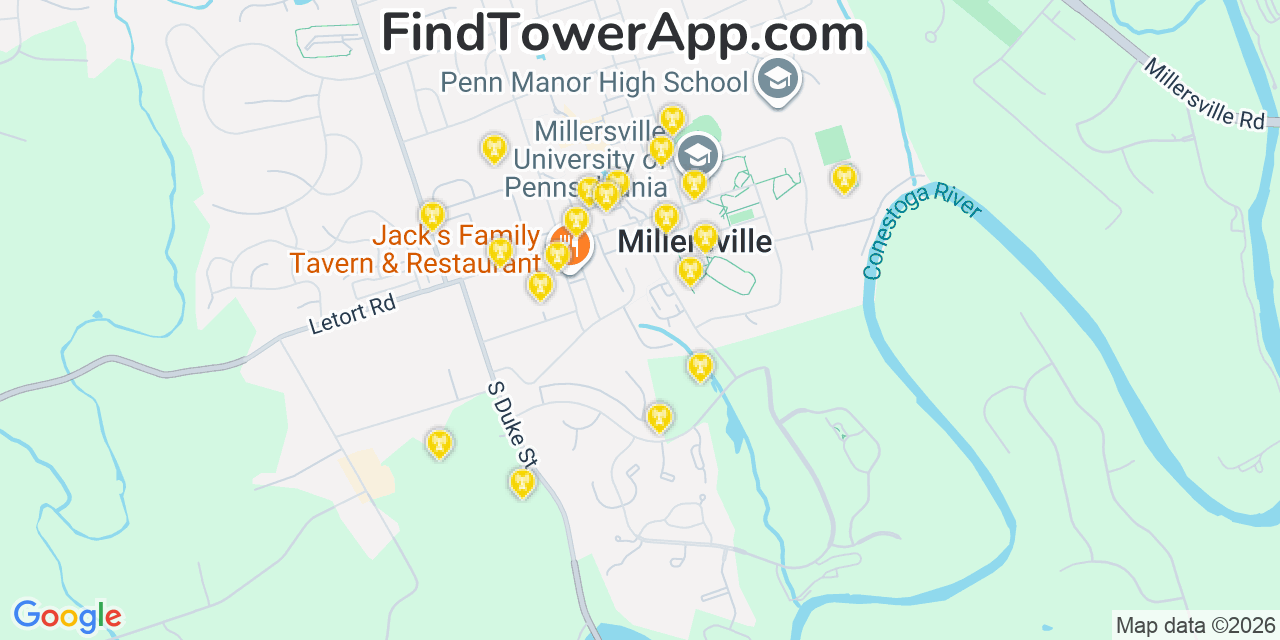 Map showing the 20 primary cell tower locations detected in Millersville, Pennsylvania from AT&T, Verizon, and T-Mobile networks