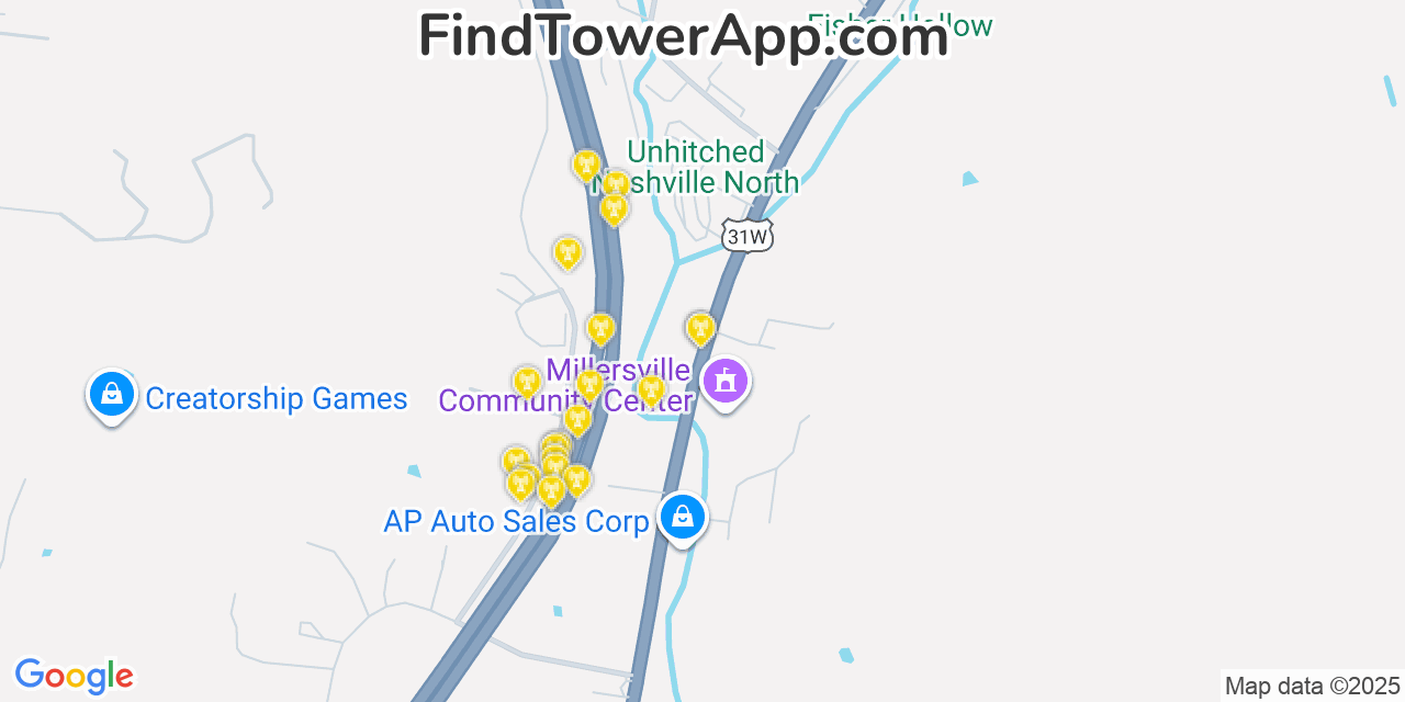 Map showing the 20 primary cell tower locations detected in Millersville, Tennessee from AT&T, Verizon, and T-Mobile networks