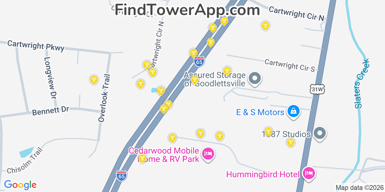 Map showing the 20 primary cell tower locations detected in Millersville, Tennessee from AT&T, Verizon, and T-Mobile networks