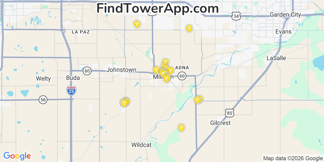 Map showing the 20 primary cell tower locations detected in Milliken, Colorado from AT&T, Verizon, and T-Mobile networks