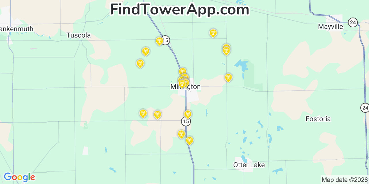 Map showing the 20 primary cell tower locations detected in Millington, Michigan from AT&T, Verizon, and T-Mobile networks