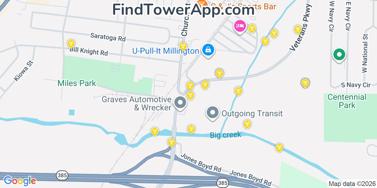Map showing the 20 primary cell tower locations detected in Millington, Tennessee from AT&T, Verizon, and T-Mobile networks