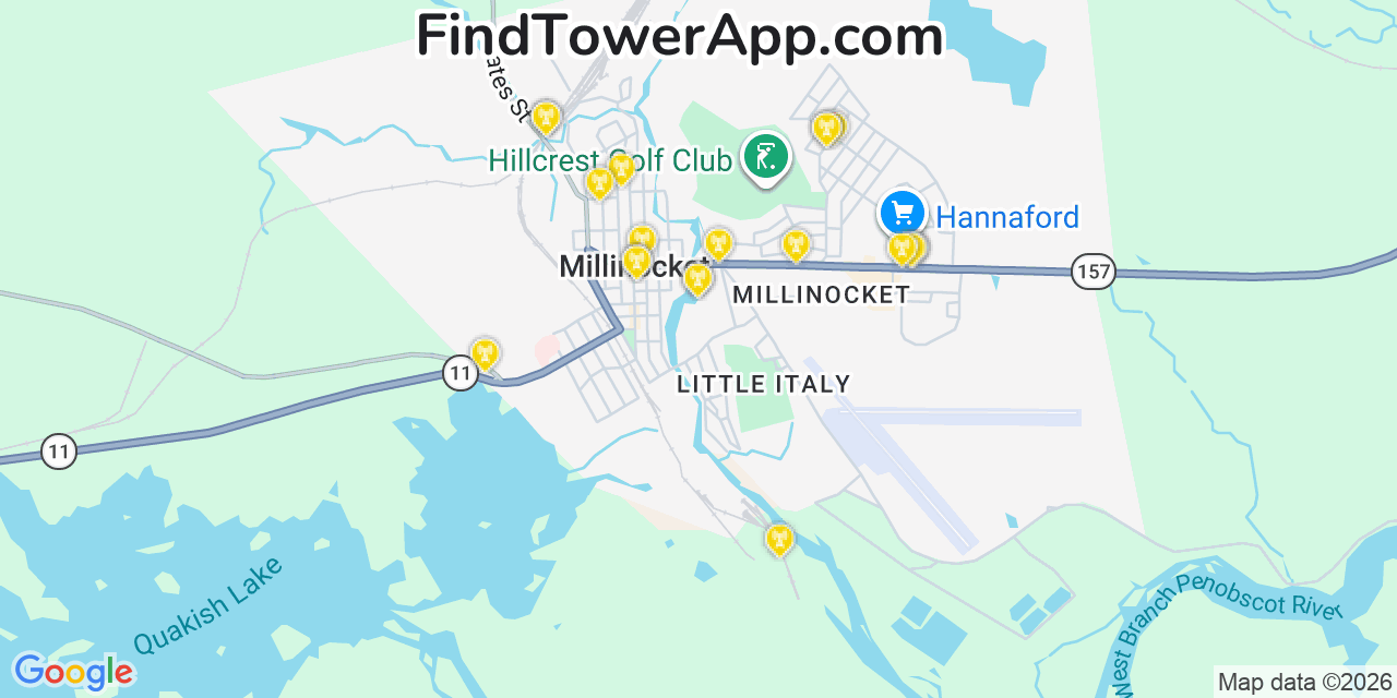 Map showing the 20 primary cell tower locations detected in Millinocket, Maine from AT&T, Verizon, and T-Mobile networks