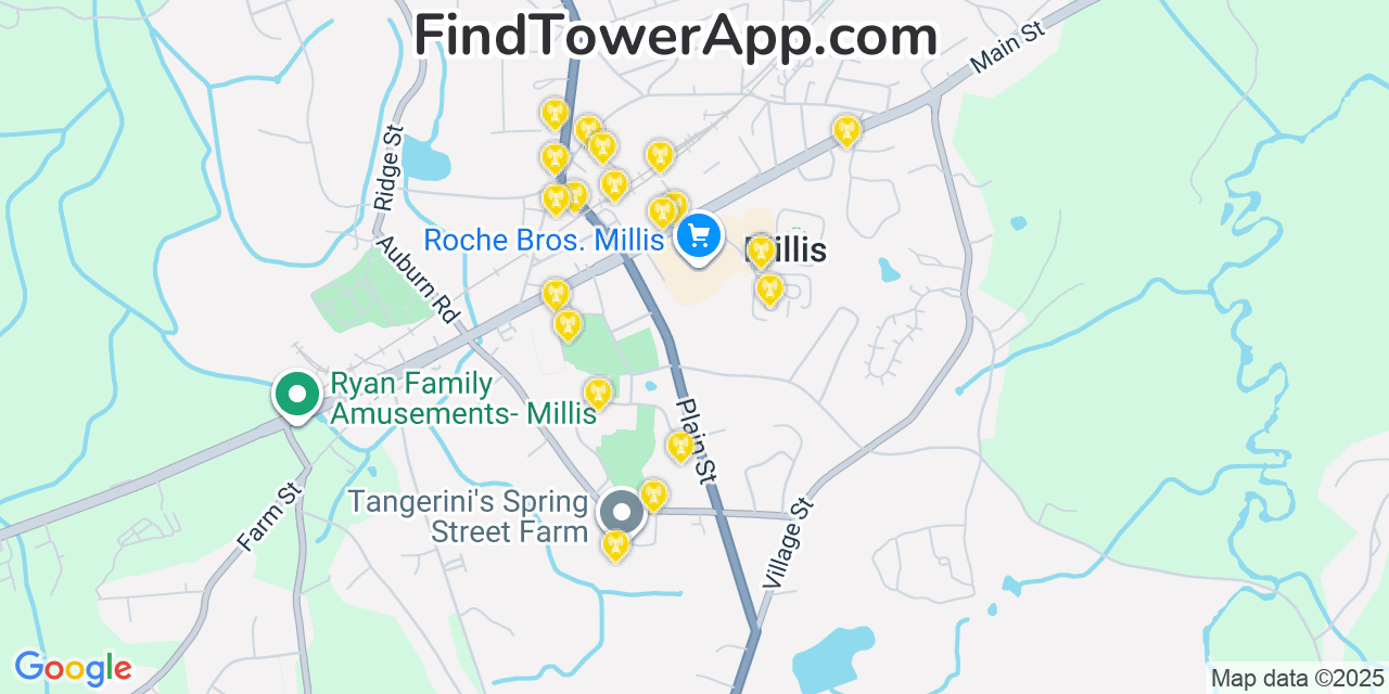 Map showing the 20 primary cell tower locations detected in Millis-Clicquot, Massachusetts from AT&T, Verizon, and T-Mobile networks