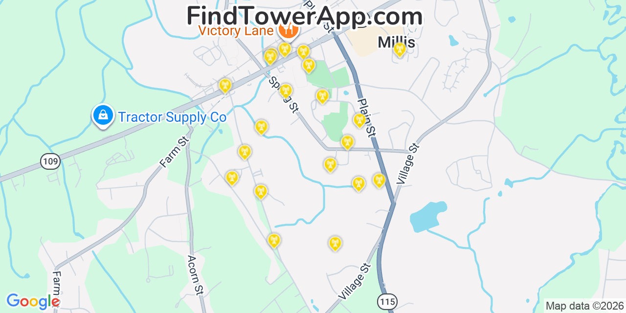 Map showing the 20 primary cell tower locations detected in Millis Clicquot, Massachusetts from AT&T, Verizon, and T-Mobile networks