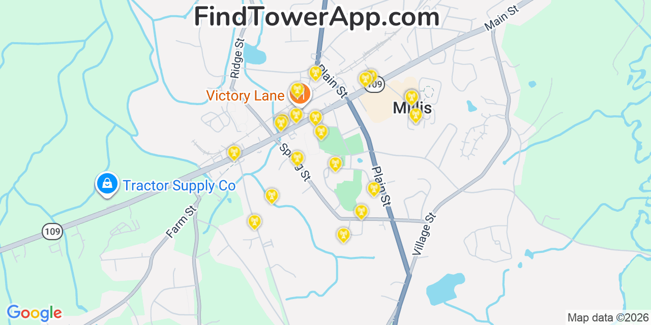 Map showing the 20 primary cell tower locations detected in Millis, Massachusetts from AT&T, Verizon, and T-Mobile networks