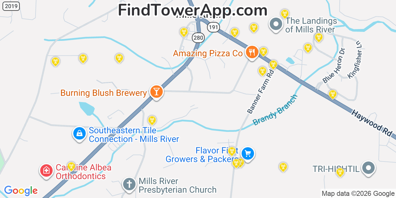Map showing the 20 primary cell tower locations detected in Mills River, North Carolina from AT&T, Verizon, and T-Mobile networks