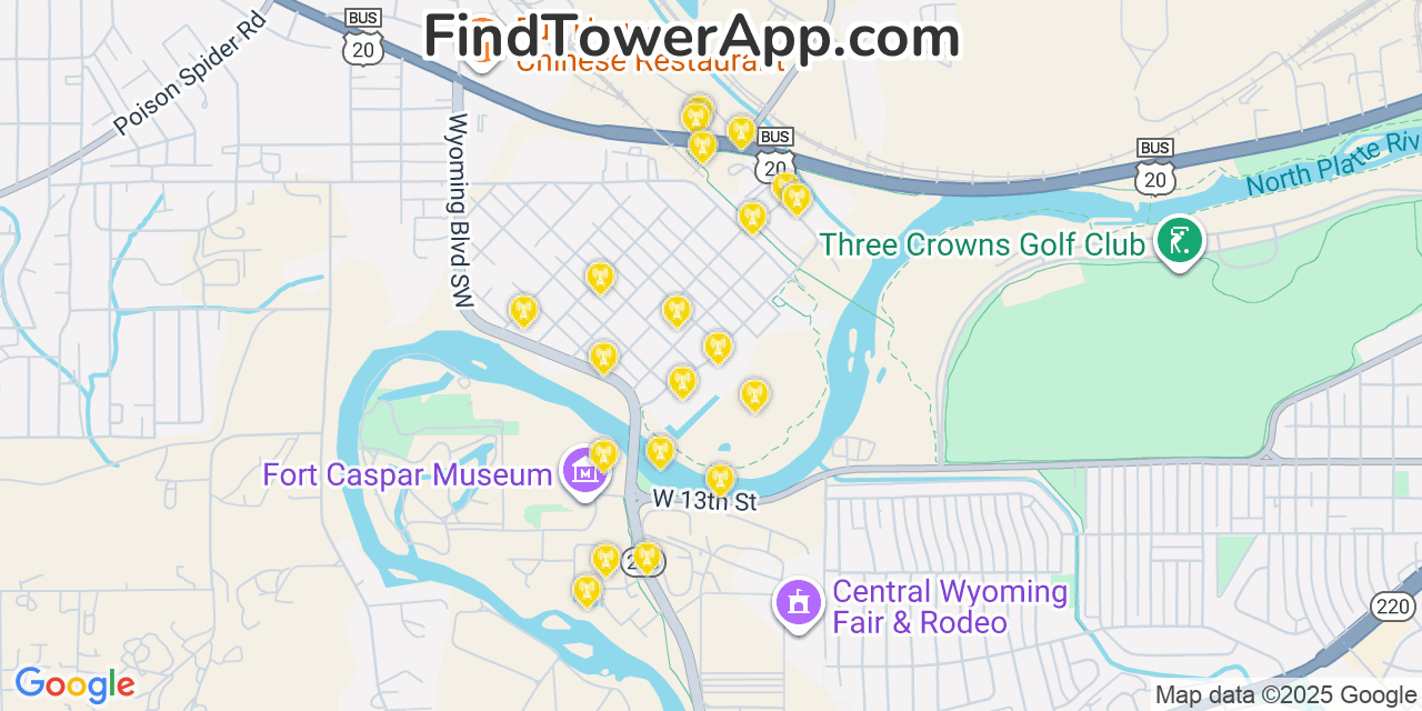 Map showing the 20 primary cell tower locations detected in Mills, Wyoming from AT&T, Verizon, and T-Mobile networks