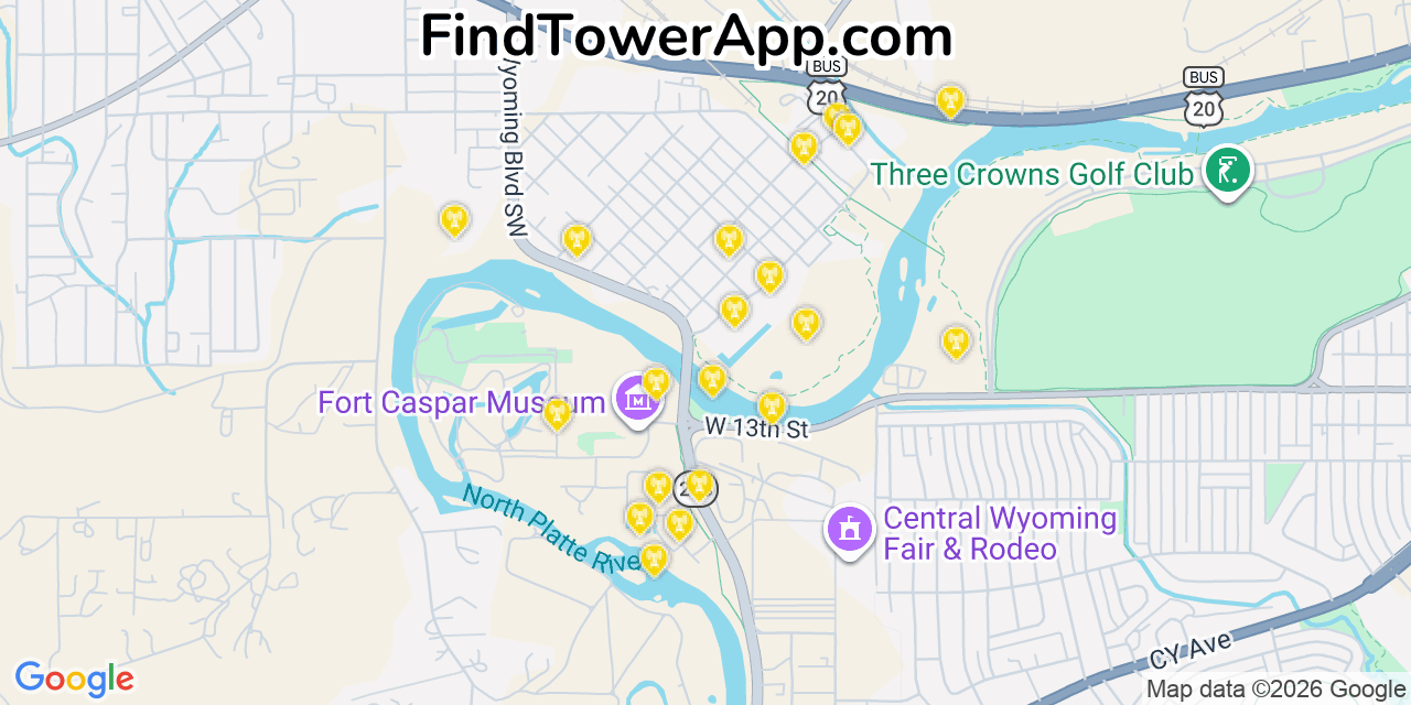 Map showing the 20 primary cell tower locations detected in Mills, Wyoming from AT&T, Verizon, and T-Mobile networks