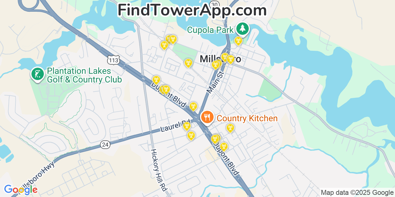 Map showing the 20 primary cell tower locations detected in Millsboro, Delaware from AT&T, Verizon, and T-Mobile networks