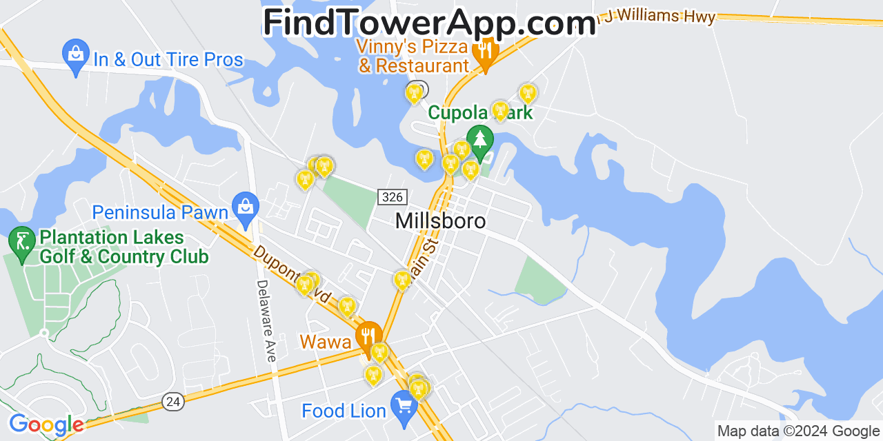 Verizon 4G/5G cell tower coverage map Millsboro, Delaware