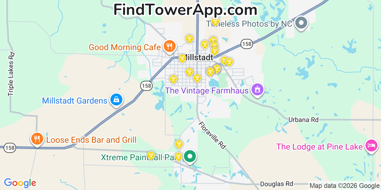 Map showing the 20 primary cell tower locations detected in Millstadt, Illinois from AT&T, Verizon, and T-Mobile networks